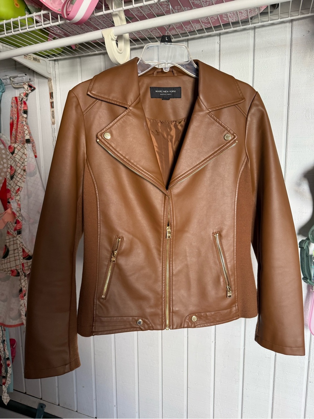Marc New York Brown Faux Leather Moto Jacket with Gold Hardware